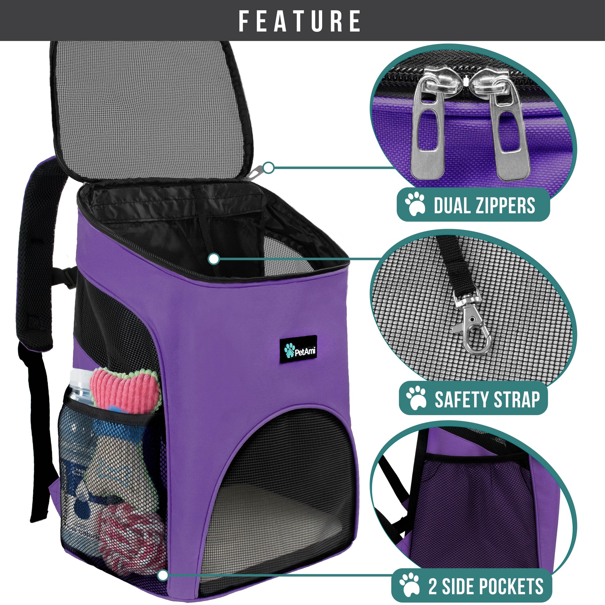 Small Dogs and Cat Backpack Carrier, Airline Approved Pet Backpack Carrier, Ventilated, Safety Strap, Buckle Support Designed for Hiking Travel Camping Outdoor, Max 18 Lbs (Purple)