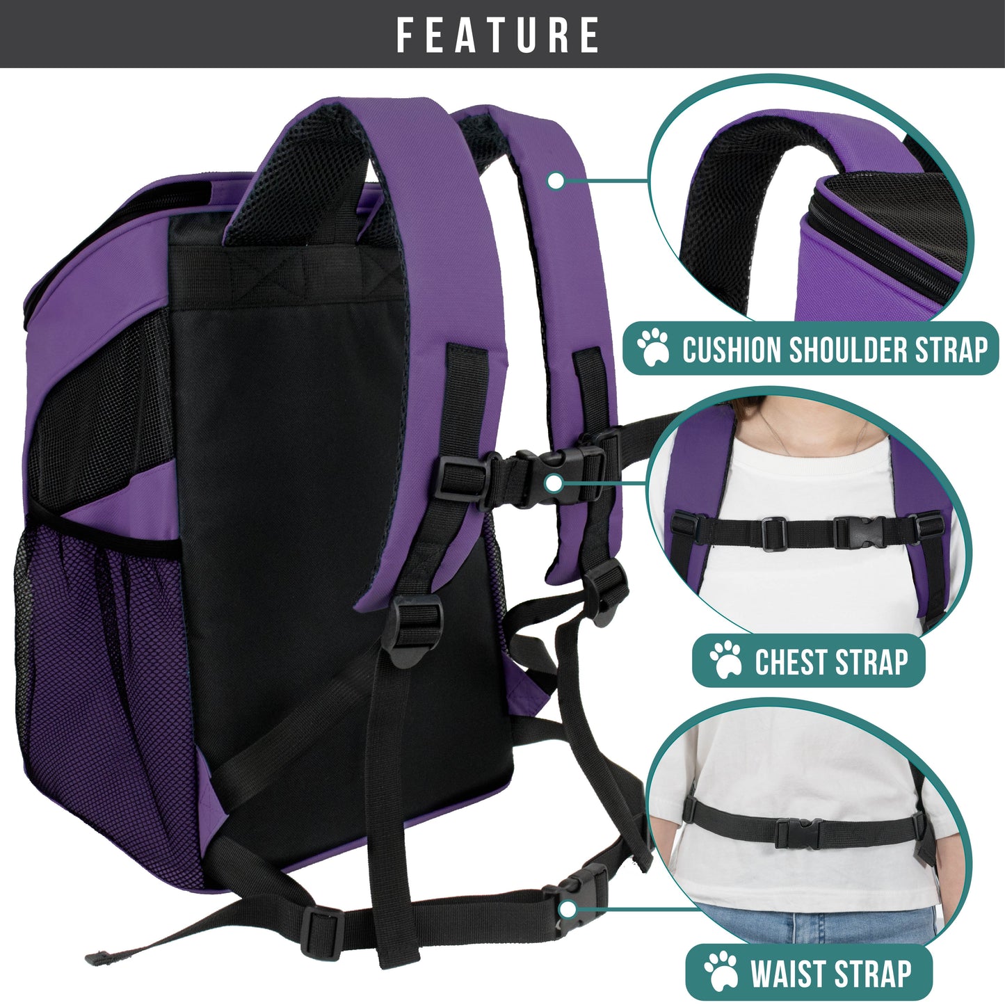 Small Dogs and Cat Backpack Carrier, Airline Approved Pet Backpack Carrier, Ventilated, Safety Strap, Buckle Support Designed for Hiking Travel Camping Outdoor, Max 18 Lbs (Purple)