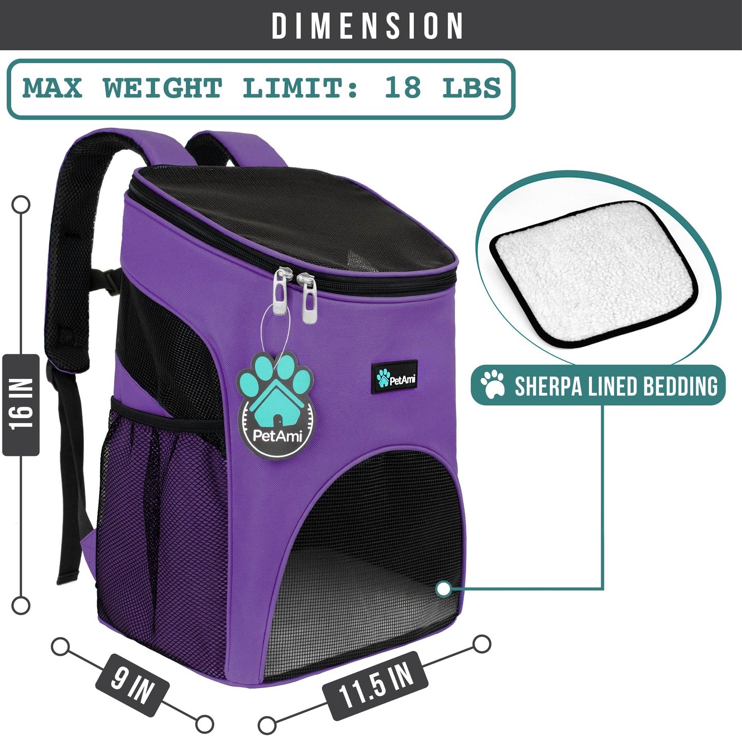 Small Dogs and Cat Backpack Carrier, Airline Approved Pet Backpack Carrier, Ventilated, Safety Strap, Buckle Support Designed for Hiking Travel Camping Outdoor, Max 18 Lbs (Purple)
