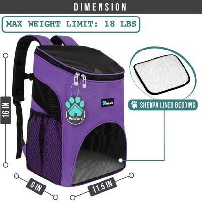 Small Dogs and Cat Backpack Carrier, Airline Approved Pet Backpack Carrier, Ventilated, Safety Strap, Buckle Support Designed for Hiking Travel Camping Outdoor, Max 18 Lbs (Purple)