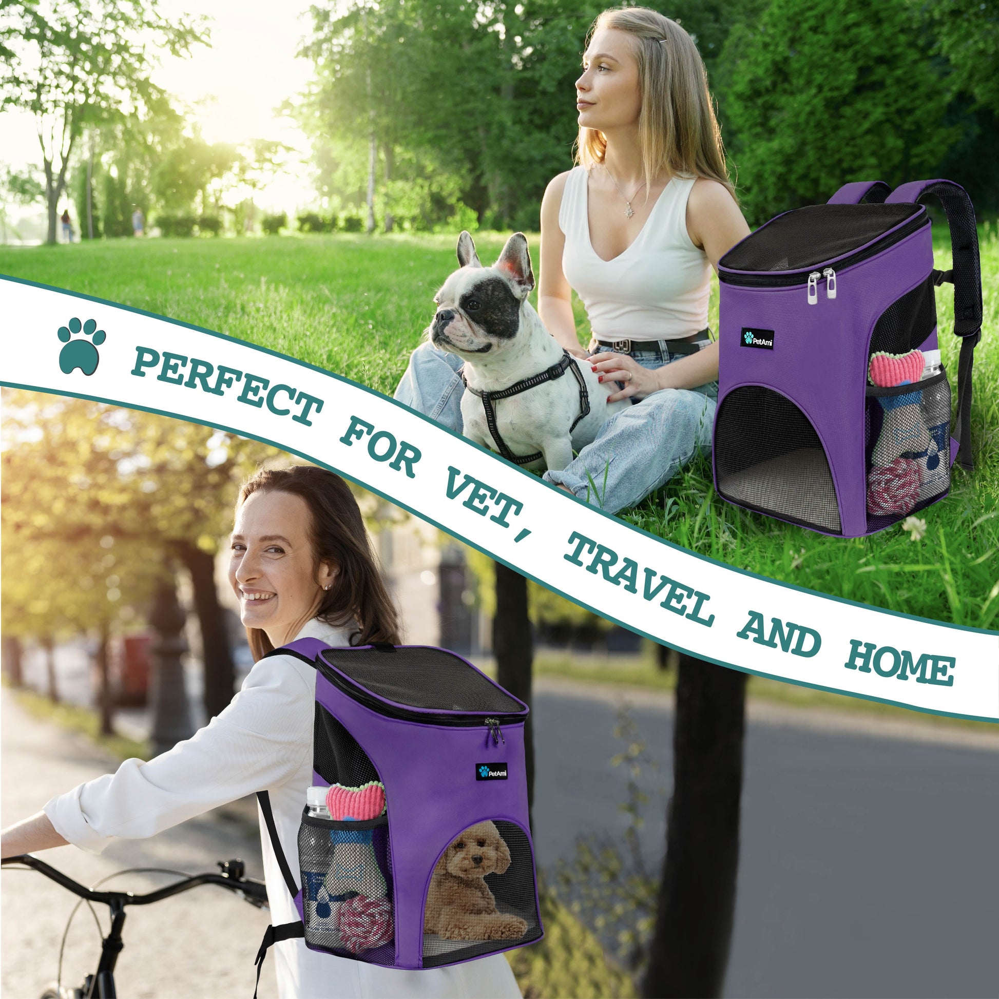 Small Dogs and Cat Backpack Carrier, Airline Approved Pet Backpack Carrier, Ventilated, Safety Strap, Buckle Support Designed for Hiking Travel Camping Outdoor, Max 18 Lbs (Purple)
