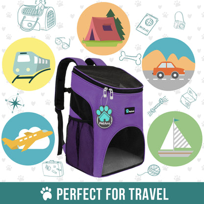 Small Dogs and Cat Backpack Carrier, Airline Approved Pet Backpack Carrier, Ventilated, Safety Strap, Buckle Support Designed for Hiking Travel Camping Outdoor, Max 18 Lbs (Purple)