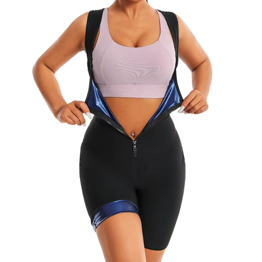 Women Sauna Sweat Bodysuit One Piece Zipper Jumpsuit Shapewear Waist Trainer Compression Slimming Tummy Body Shaper Shorts