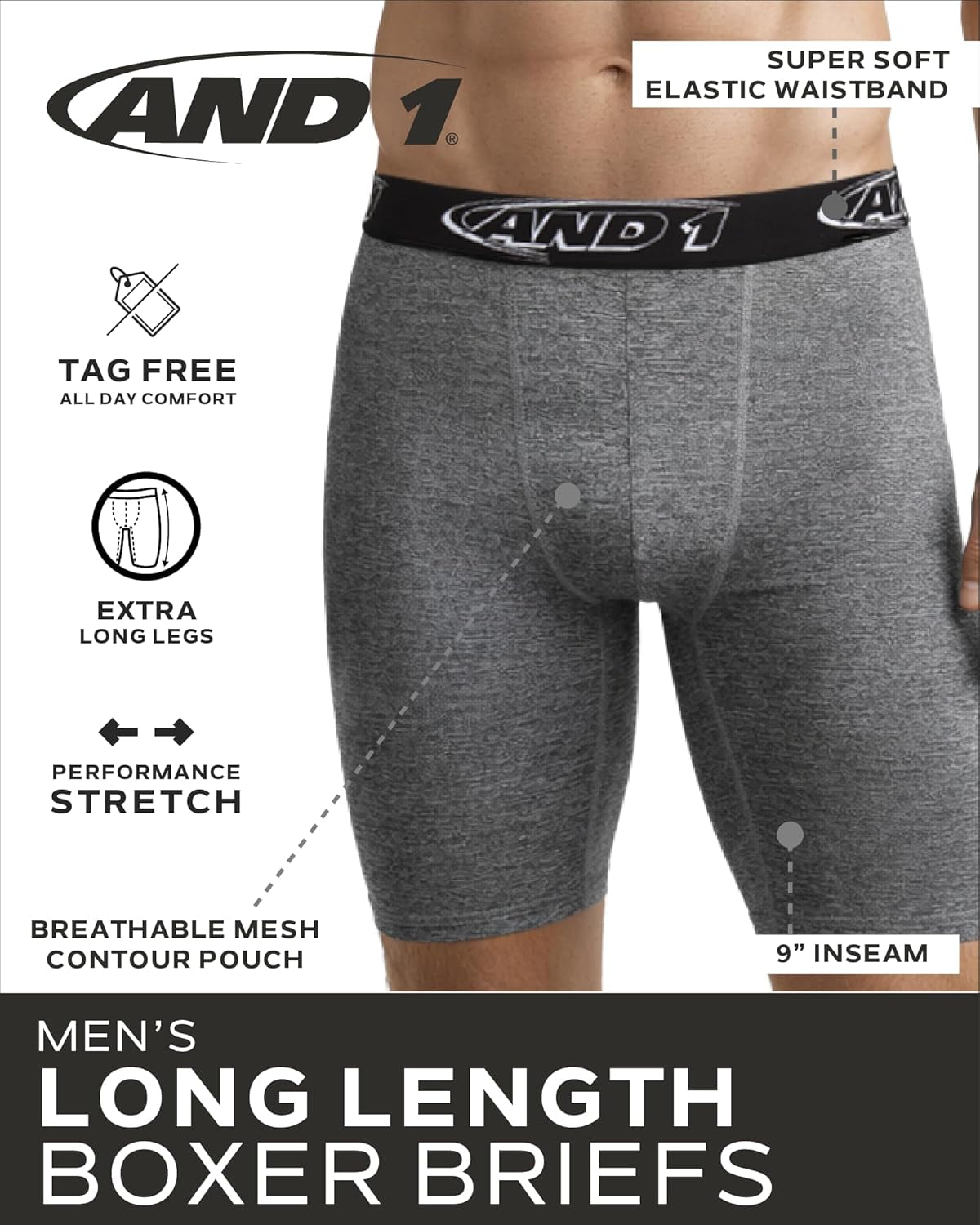 Mens Boxer Briefs - 5 Pack Performance Stretch Mens Underwear Long Leg Boxers for Men with Contour Pouch, 9" Inseam