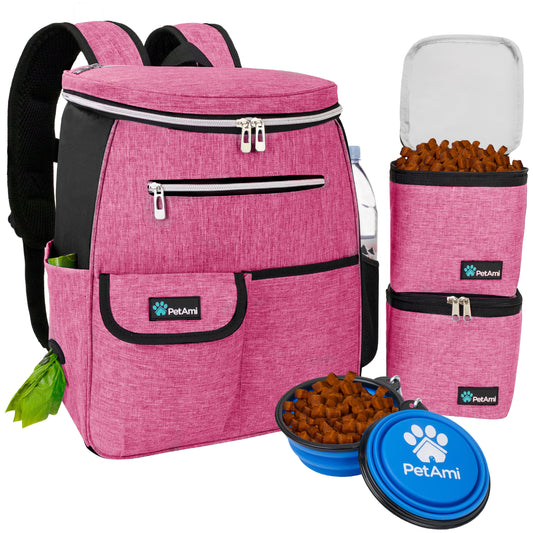 Dog Travel Bag Backpack, Airline Approved Dog Bags for Traveling, Puppy Diaper Bag Supplies, Pet Camping Essentials Hiking Accessories Dog Mom Gift, Food Container, Collapsible Bowls, Pink