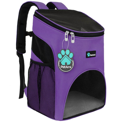 Small Dogs and Cat Backpack Carrier, Airline Approved Pet Backpack Carrier, Ventilated, Safety Strap, Buckle Support Designed for Hiking Travel Camping Outdoor, Max 18 Lbs (Purple)