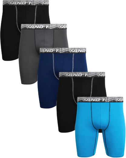 Mens Boxer Briefs - 5 Pack Performance Stretch Mens Underwear Long Leg Boxers for Men with Contour Pouch, 9" Inseam