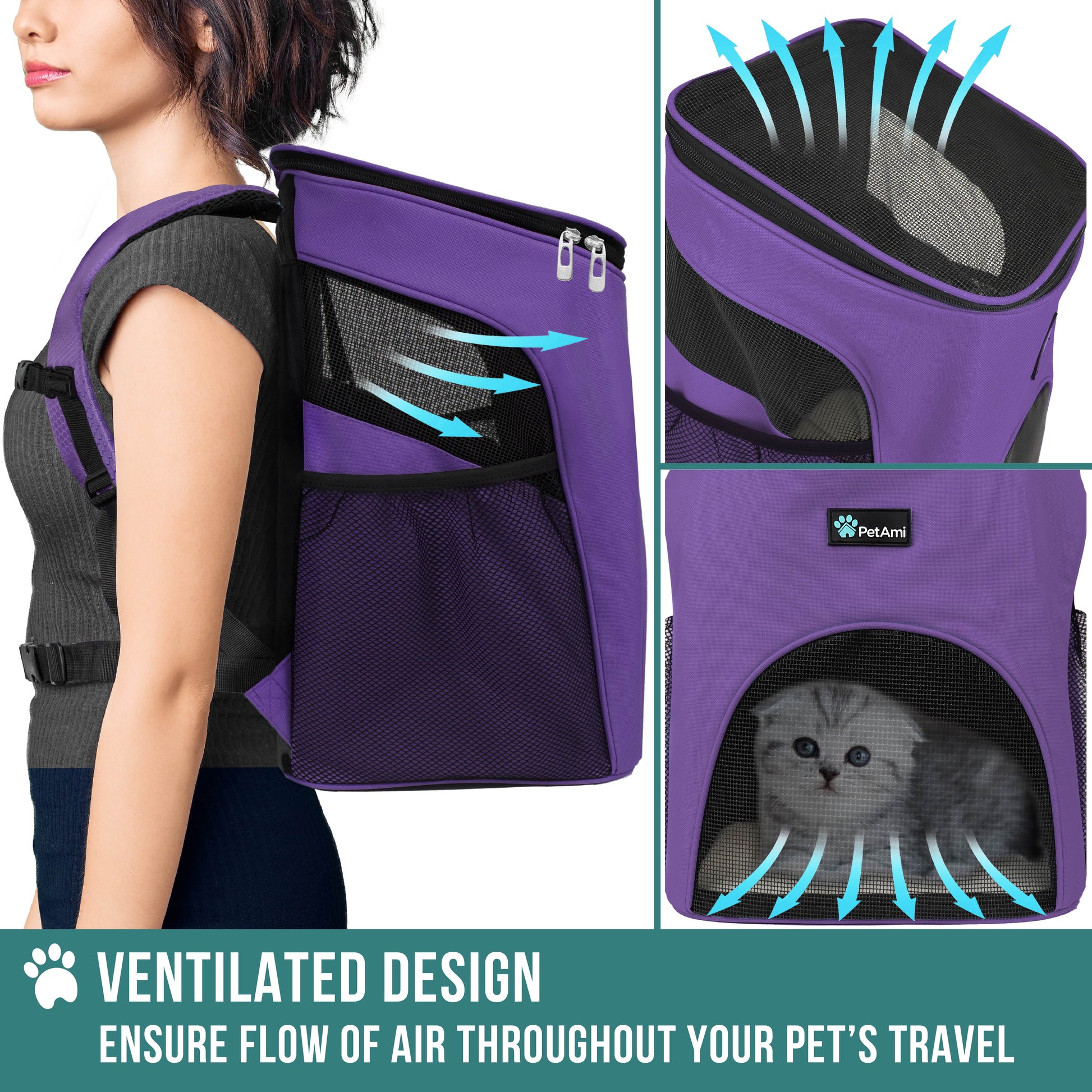 Small Dogs and Cat Backpack Carrier, Airline Approved Pet Backpack Carrier, Ventilated, Safety Strap, Buckle Support Designed for Hiking Travel Camping Outdoor, Max 18 Lbs (Purple)